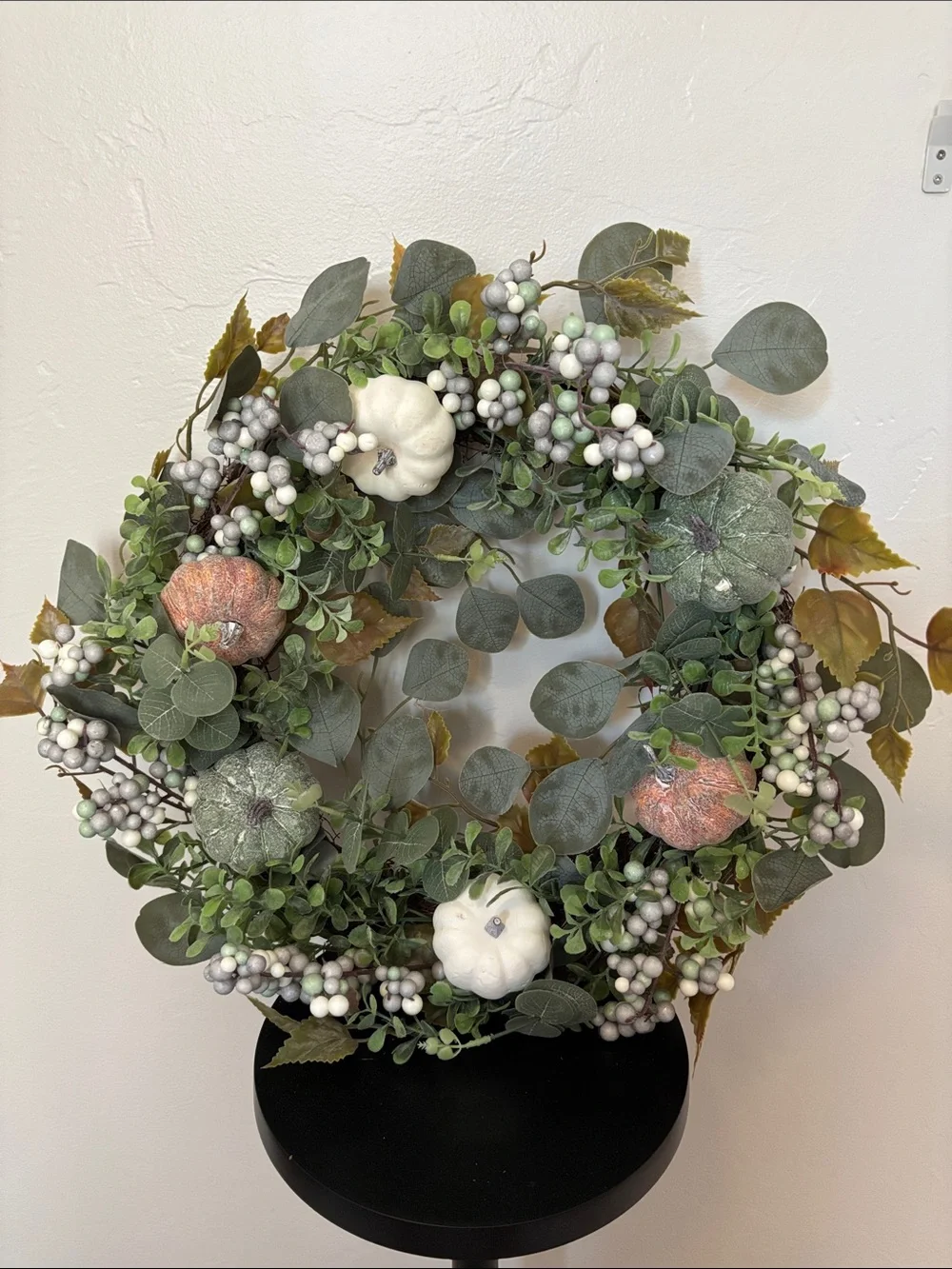 Home Holiday Eucalyptus Pumpkin Wreath in Green and White